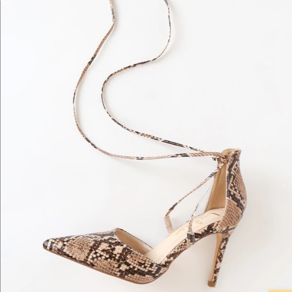 Tan Snake Print Lace Up Pumps - Picture 2 of 10